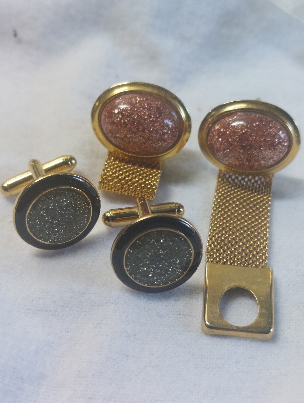 ​Vintage Sparkle Cufflink Bundle | Mesh Wrap & Black Druzy Style, Estate Jewelry
